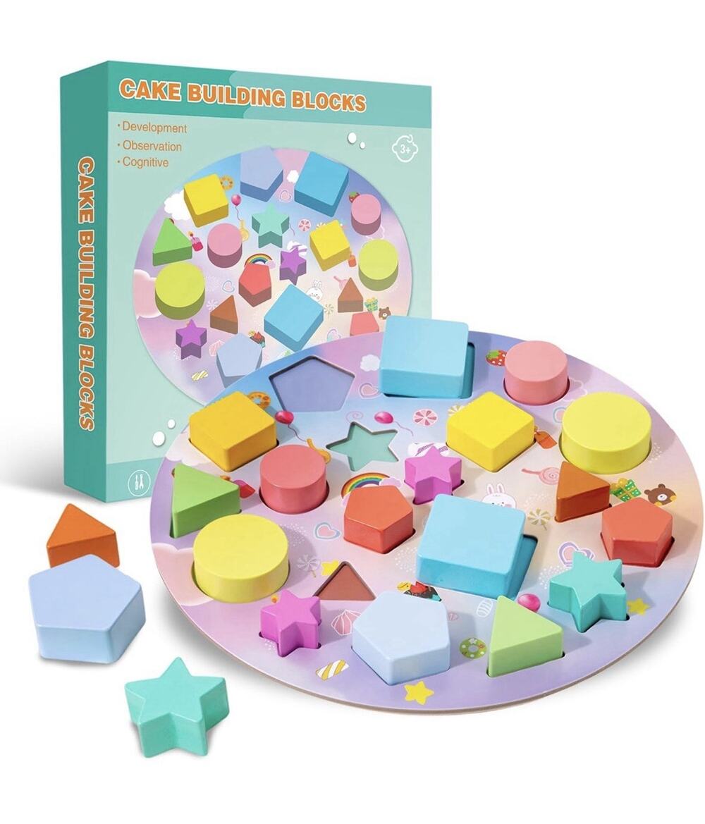 Timixy Wooden Cake Building Blocks Geometric Shapes Sorting Toy Age 3+